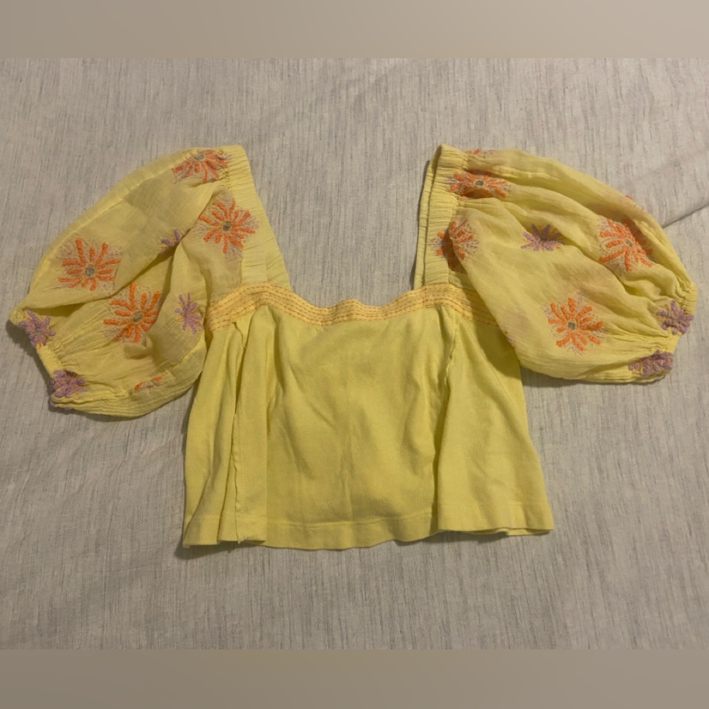 Boho Floral Embroidery Crop Top Puffy Sleeve